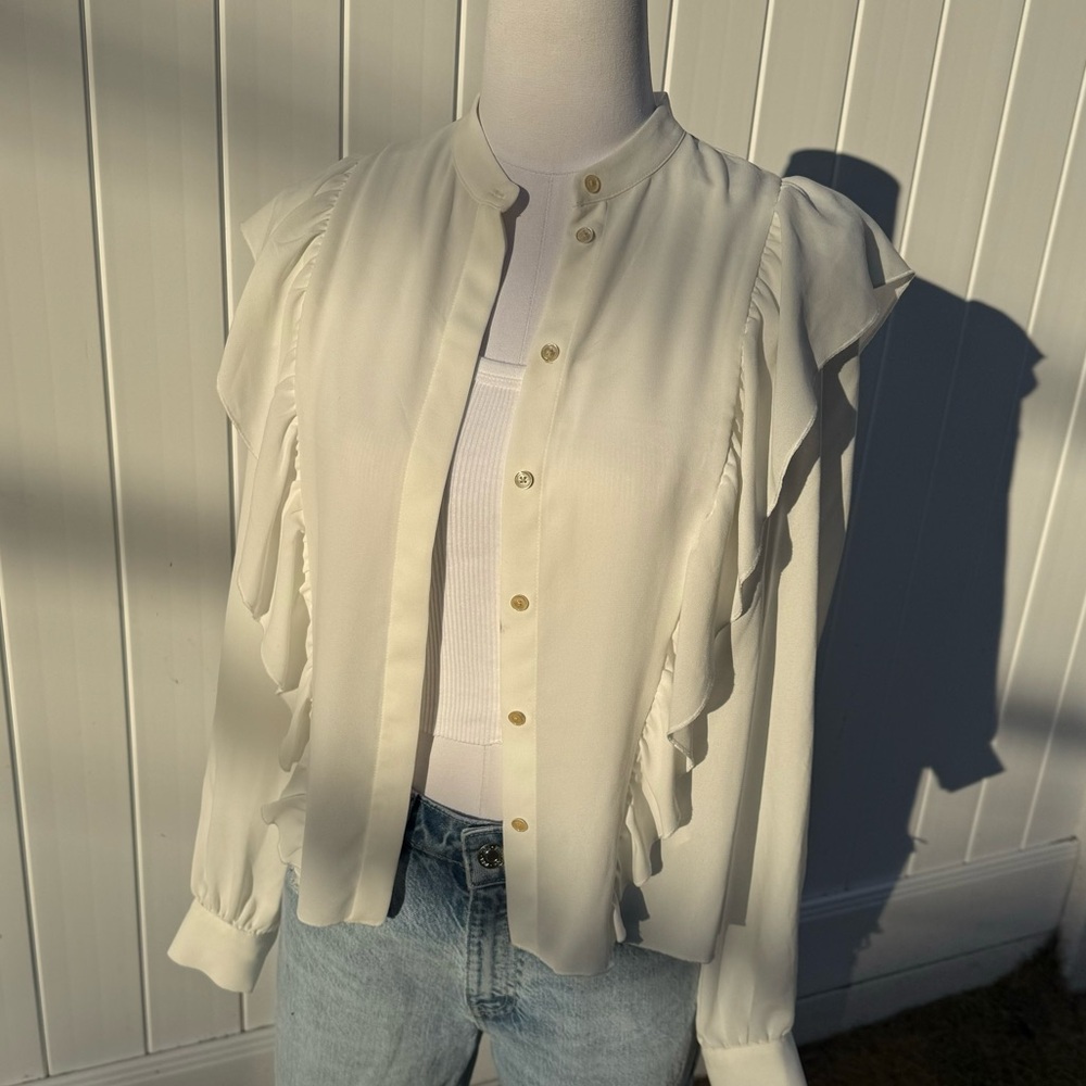Cream ruffle blouse with button down front & long sleeves by Wilfred by Aritzia
